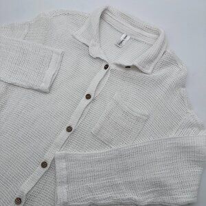 Sandy Beach Cotton Crochet Mesh Button Up Shirt Cover Up Tunic Top Size M, White